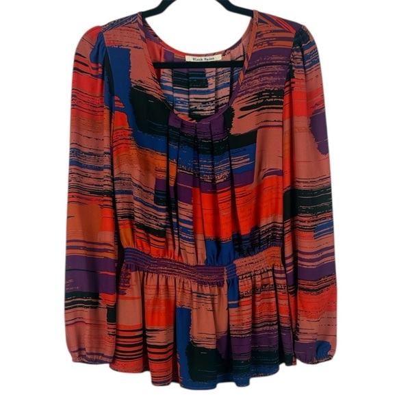 Black Rainn Casual Multicolor Abstract Pleated Front & Back Blouse Size Medium - Picture 1 of 11